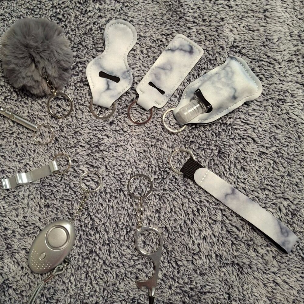 9 Pc Grey Marble Design Safety Keychain w/Alarm